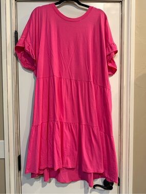 J.Crew Hot Pink Tiered Midi Dress 3X Cotton Flutter Sleeve Plus Size
